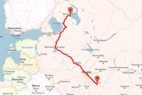 Расстояние от Рязани до Петрозаводска